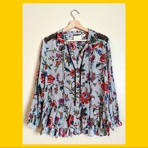 Anthropologie Floral Blouse with Tie-Neck